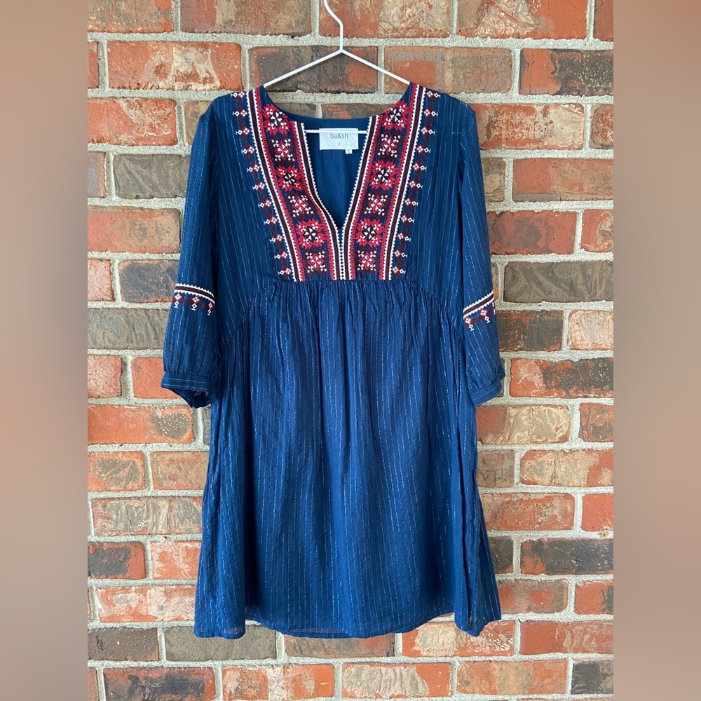 Ba&sh navy boho blue dress with embroidered accents size 4